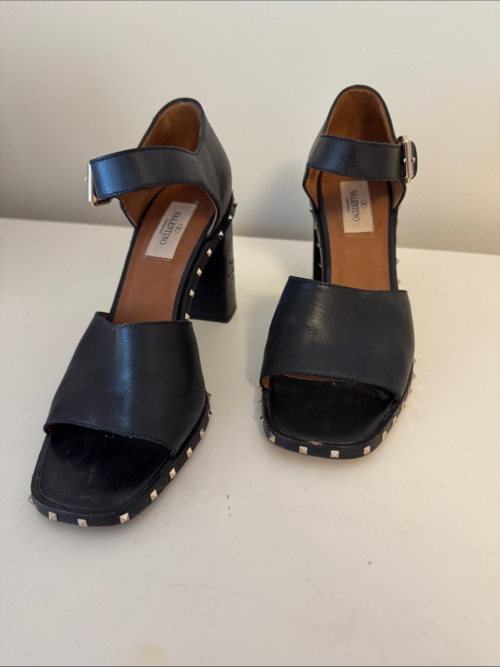 Valentino Black Leather Studded Block Heel Sandals